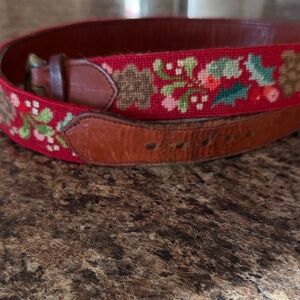 Floral Embroidered Leather Belt - Maroon and Brown